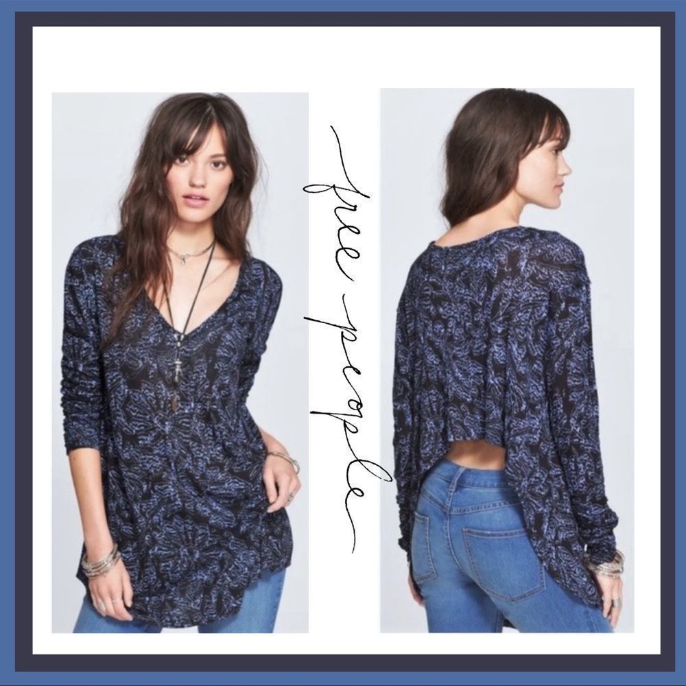 Free People Sahara High Back Ruched Long Sleeve Blue Floral Top Size S